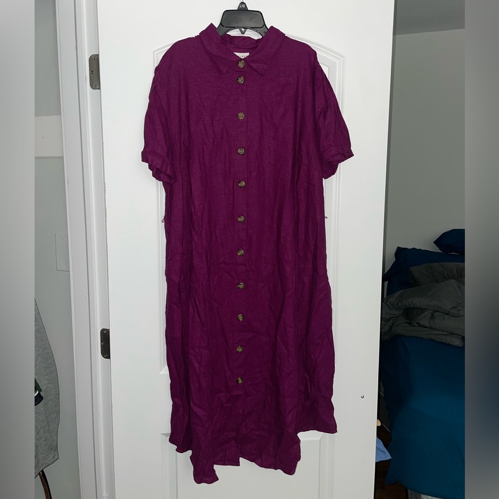 Ava & Viv midi length purple / pink button up dress with pockets